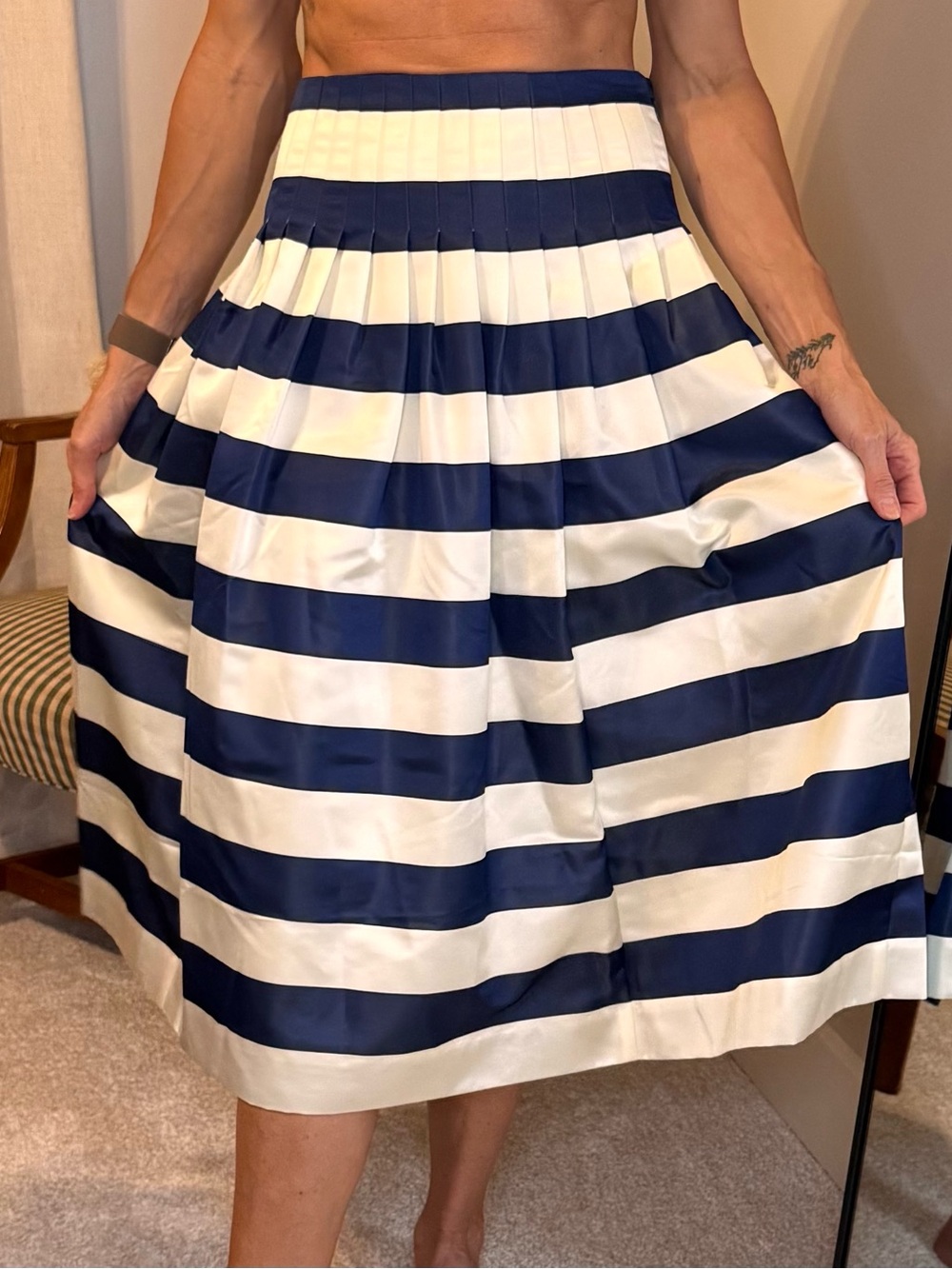 J. Crew Navy and Cream Colorblock Midi A-Line skirt.